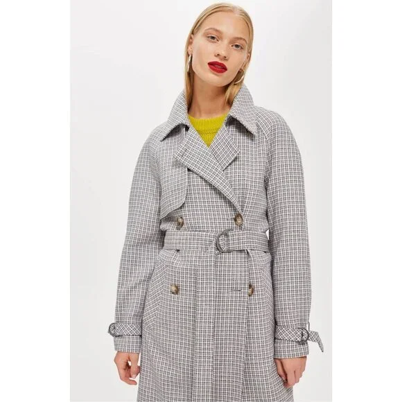 🆕TOPSHOP Angie Double Breasted Trench Coat Houndstooth Plaid Blue Gray - Picture 6 of 12